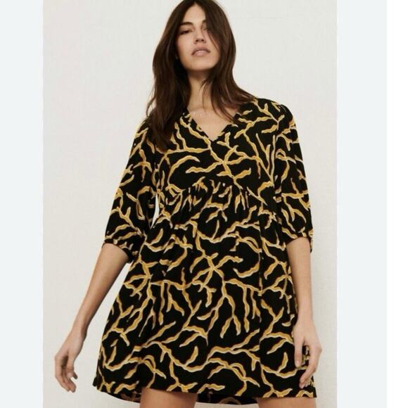 ba&sh Paris Size M Constance Dress Black Gold V-Neck Puff Sleeve Pockets Flowy - Picture 4 of 11